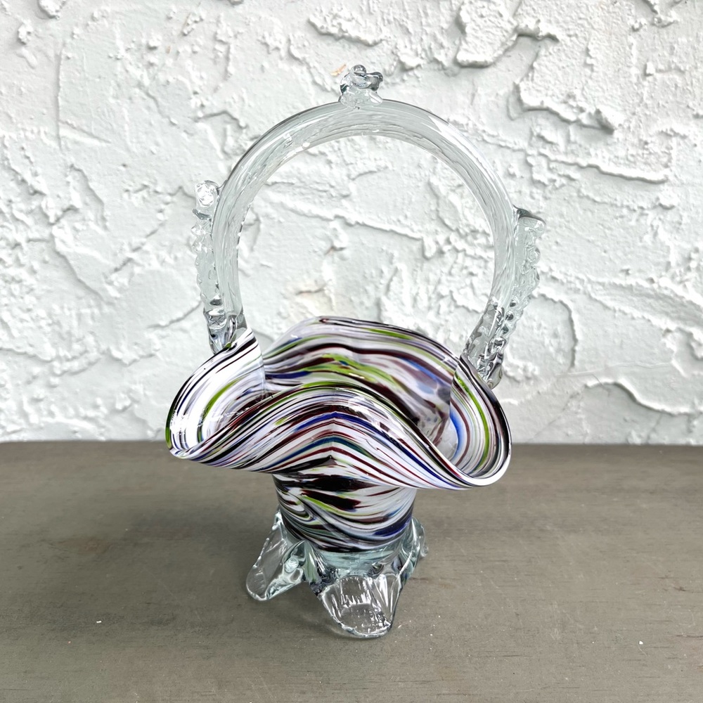 Murano Handblown Artglass Multicolor Swirl Footed Dish Basket